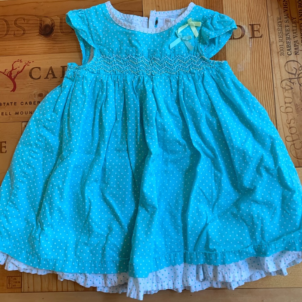 Blue dress with small white polka dots